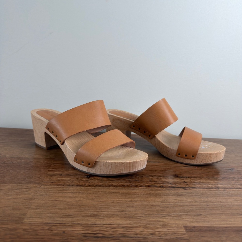 Madewell The Clara Clog English Saddle Tan Leather Two Strap Wood Heel W8.5